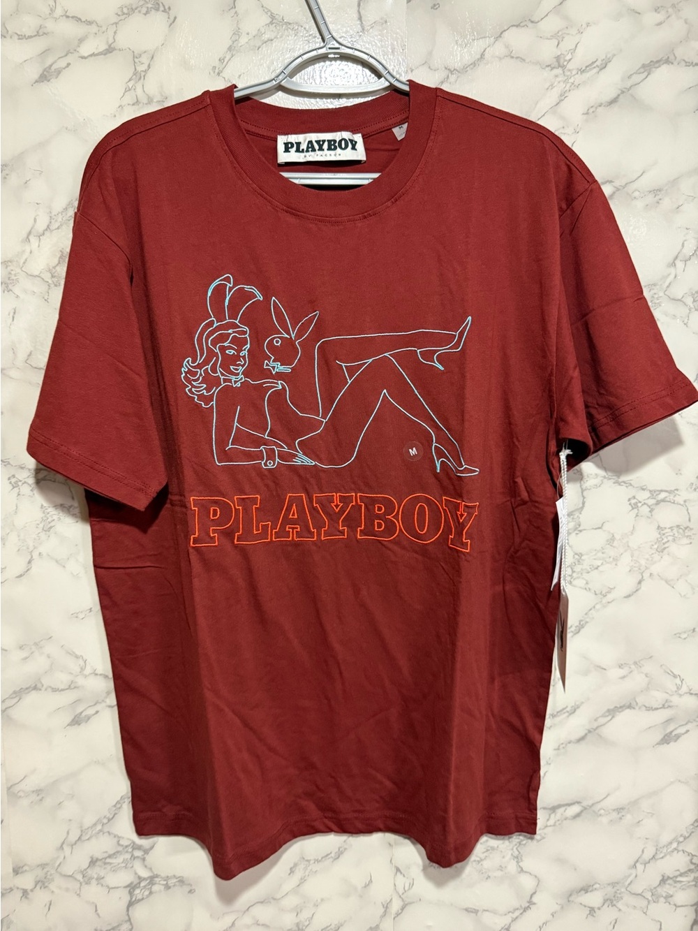 NEW PLAYBOY by Pacsun Rust Red Crewneck Tee with Logo Tag M
